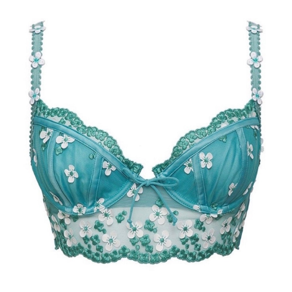 For Love & Lemons Daisy Embroidered Longline Bra Jade Teal White Size 38C - Picture 3 of 12